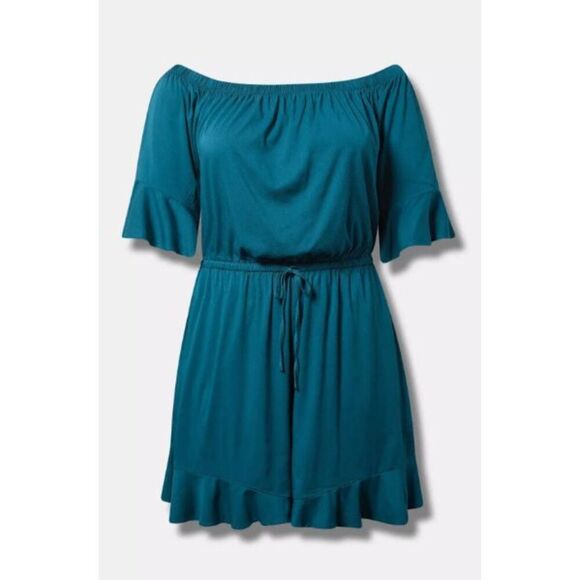 Torrid NWT size 3X stretch challis off the shoulder romper- gulf coast (dark tea - Picture 4 of 4